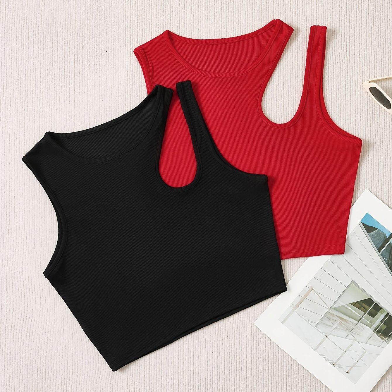 2 Packs Solid Crew Neck Tank Top, Elegant Sleeveless Asymmetrical Tank Top For Every Day, Women's Clothing