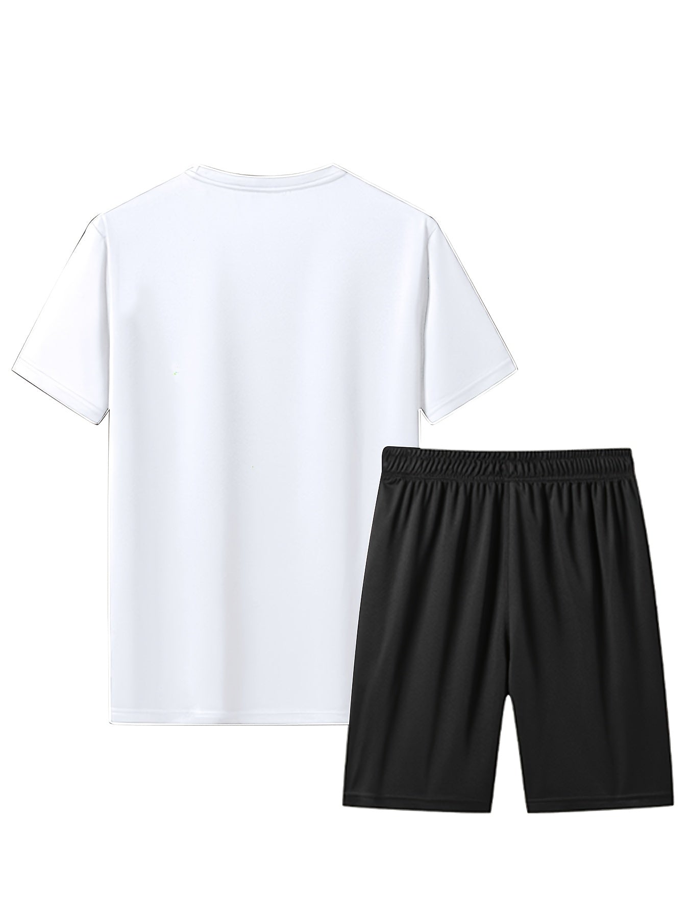 2pcs Men's Summer Sportswear Set - Comfortable Polyester Crew Neck T-Shirt & Black Drawstring Shorts with Side Stripe, Casual Style, Easy Care, Athletic Shorts