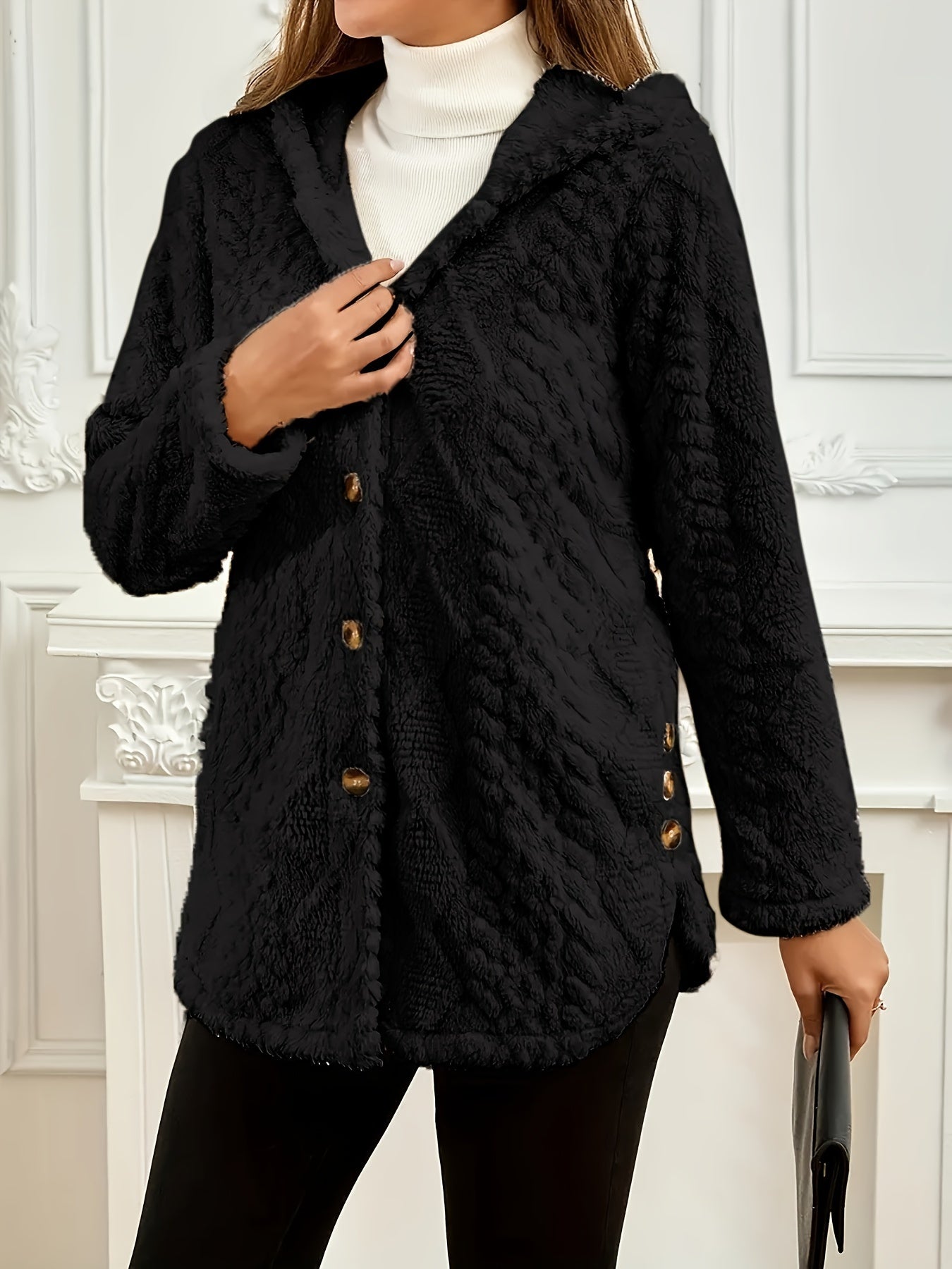 Elegant Pink Faux Fur Coat for Women - Chic Button-Front Hooded Jacket with Sleek Collar, Long Sleeves, and Ribbed Detailing - Perfect for Fall & Winter, Hand or Dry Clean Only