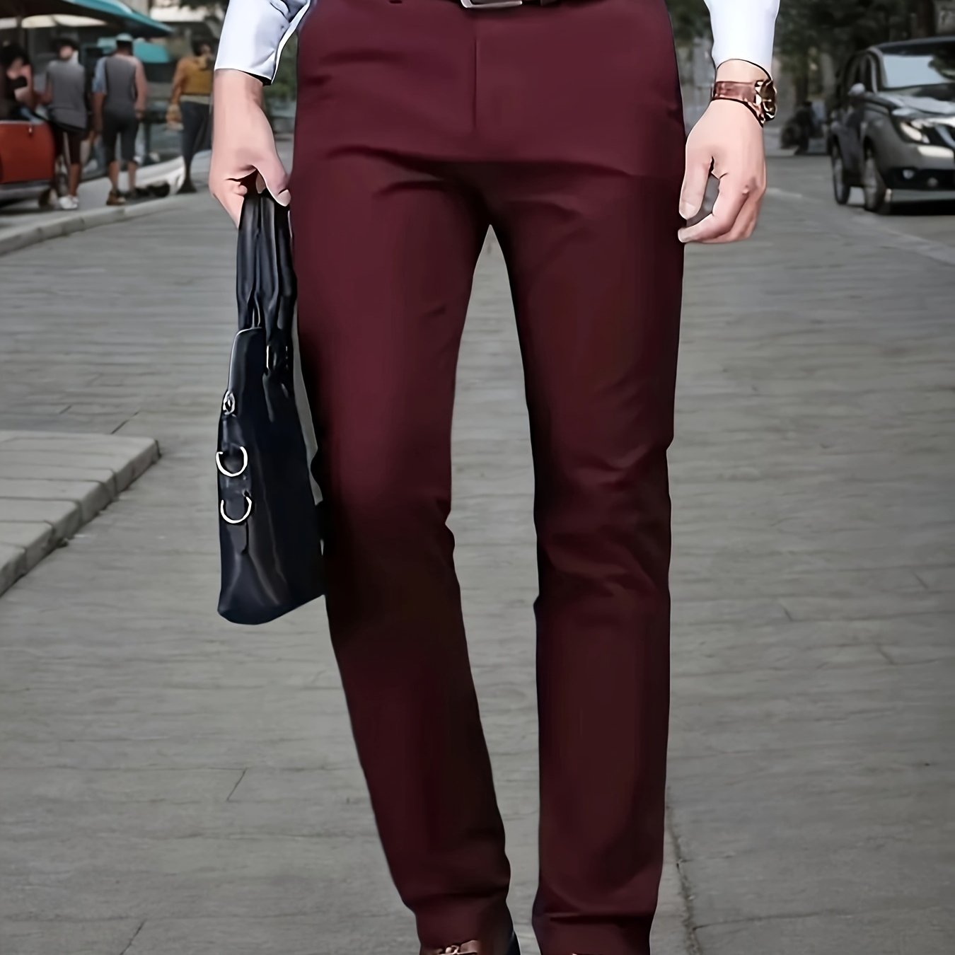 Men's Sleek Stretch Dress Pants - Solid Color Black, Comfort Fit with Subtle Stretch, Polyester Fabric, Mid-Rise, Machine Washable, Perfect for Business Casual & All-Season Wear, Business Casual Pants | Sleek Trousers | Easyc