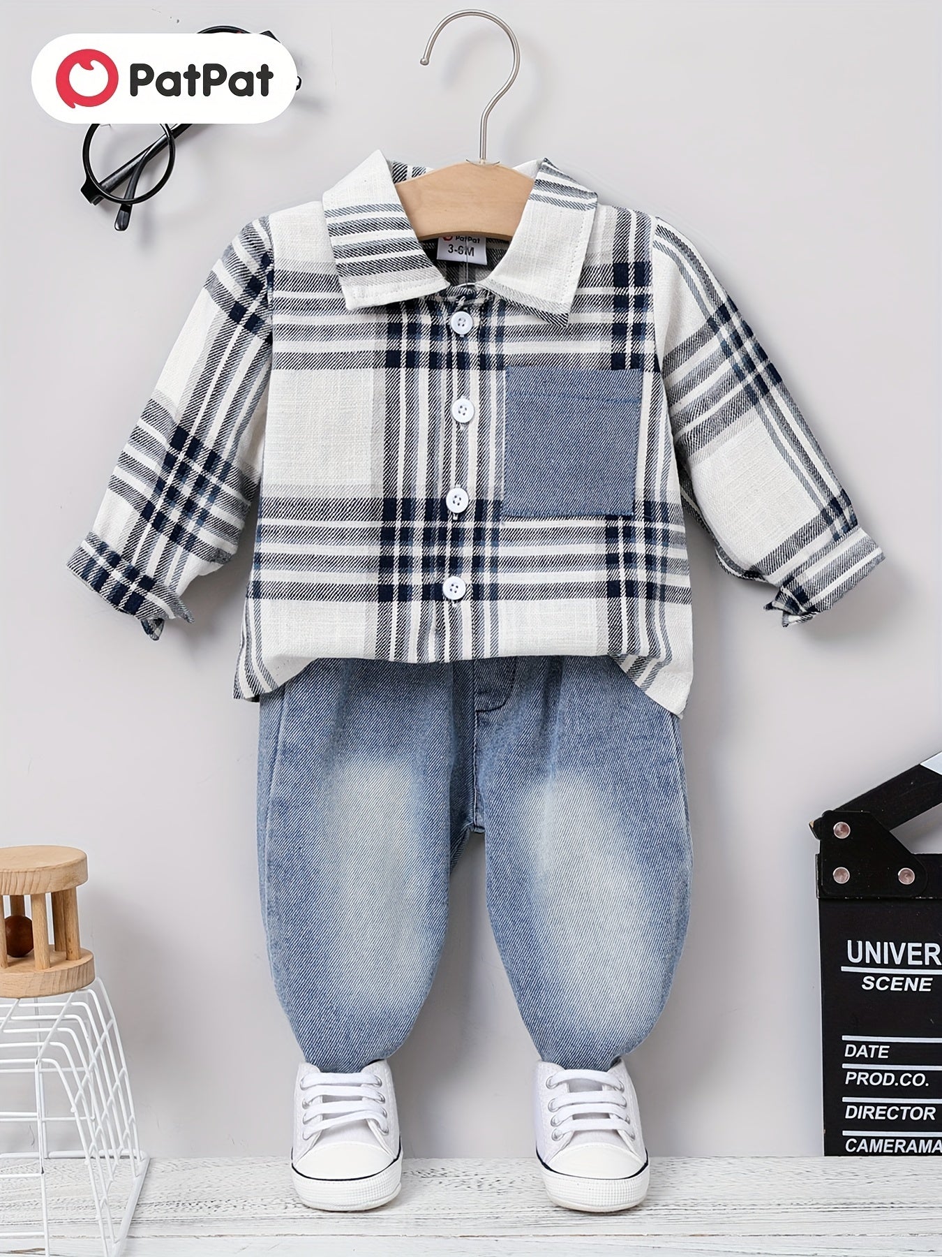 PatPat 2pcs Baby Boy Casual Patch Pocket Plaid Long-sleeve Lapel Collar Shirt and Jeans/Denim Pants Set For Spring & Autumn/Fall
