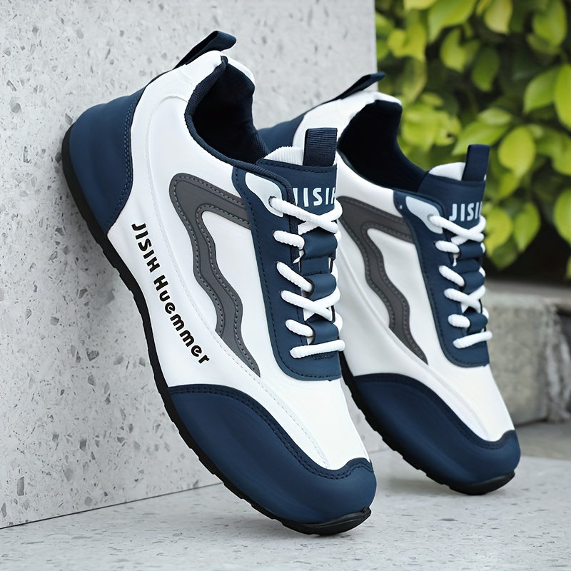 Men's Breathable Color-Block Low-Top Running Shoes - White Navy Blue Contrast Design, Durable PU Upper PVC Sole, All-Season Non-Slip Traction for Gym, Jogging, Casual Wear, Jogging Footwear Sporty Look Fabric Lined In