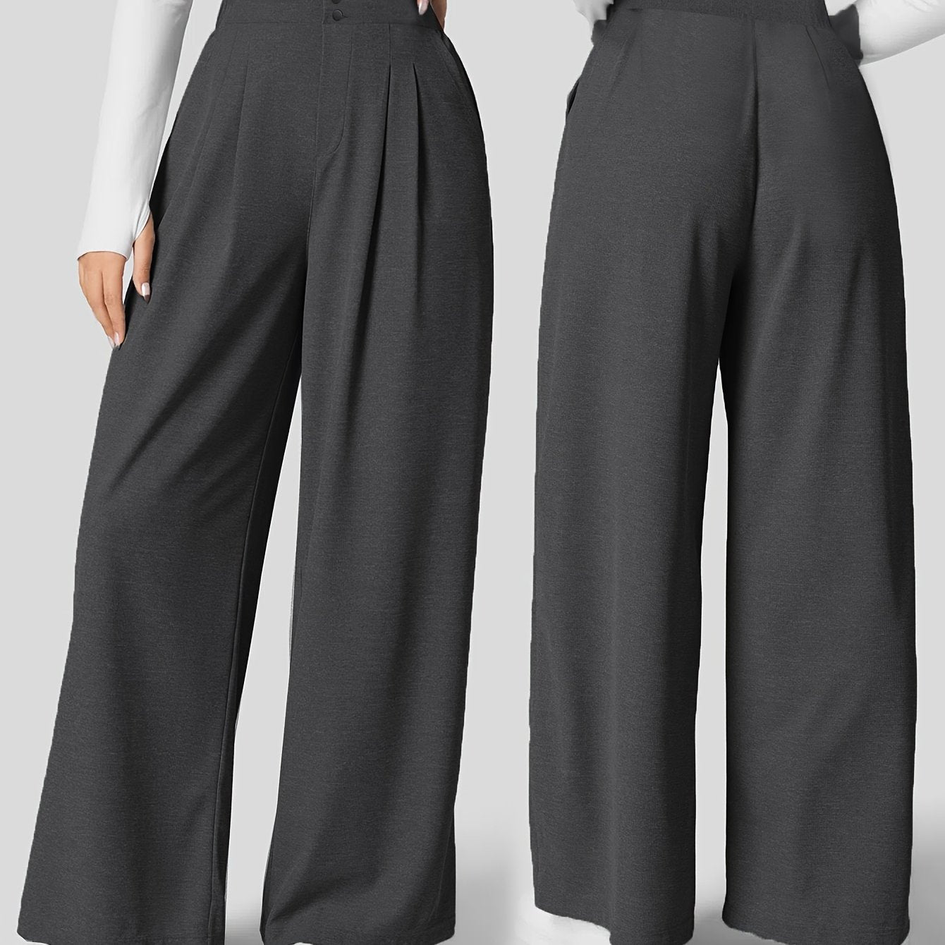 Solid Color Straight Leg Pants, Elegant High Waist Button Front Pants For Work & Office, Women's Clothing