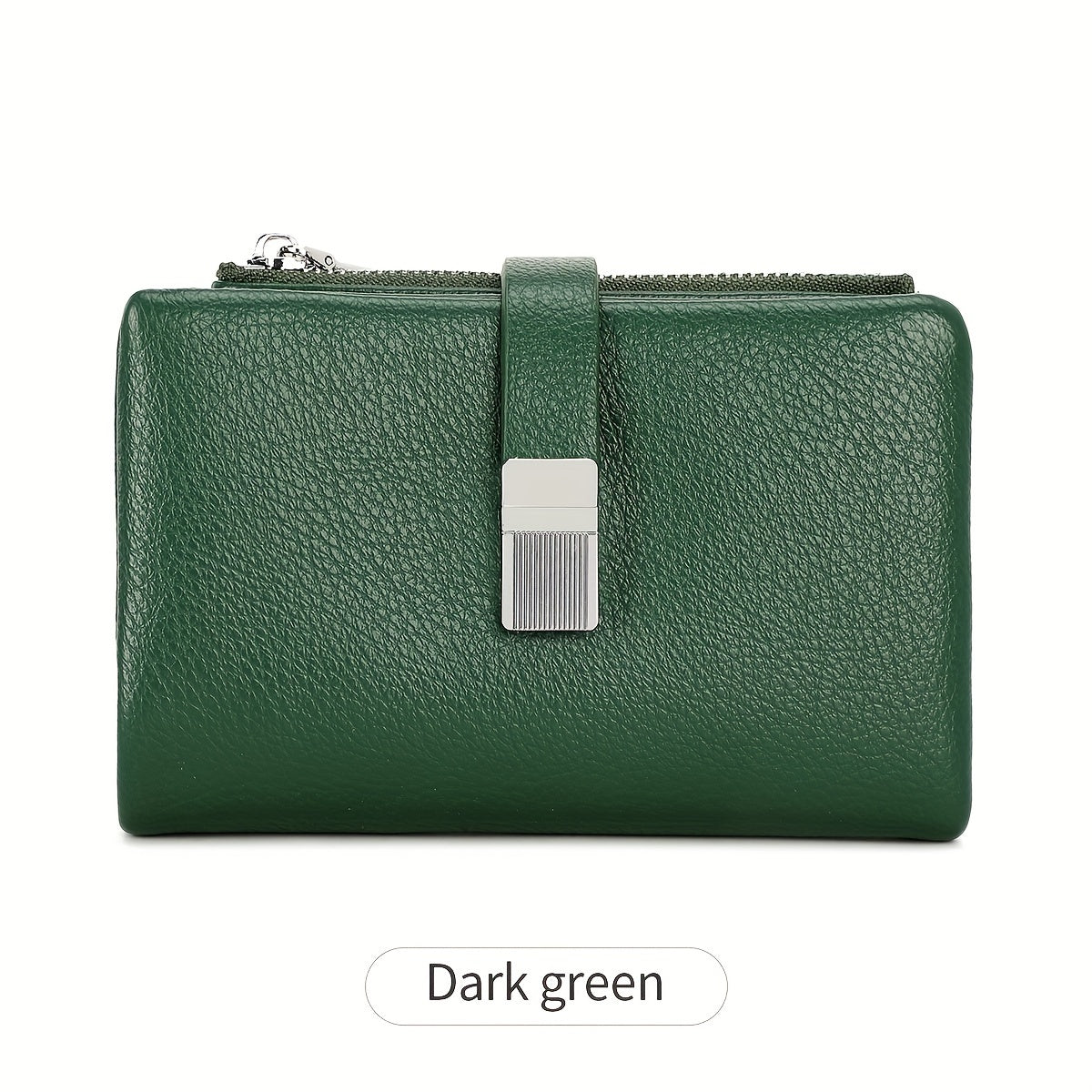 A Compact Trifold Wallet Made of Soft PU in a Solid Color, Featuring Metal Accents. It Includes a Zippered Coin Pocket, Card Slots, And an ID Window, Suitable for Credit Cards, ID Cards, Cash, And Coins. This Modern, Lightwei