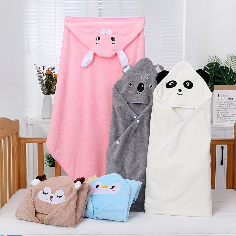 Ultra-Soft Coral Fleece Youngsters' Hooded Bath Towel with Cute Cartoon Animal Design - Super Absorbent & Skin-Friendly, Perfect for Swimming and Showering, Available in White/Blue/Pink/Black, Youngsters's Hooded Towel