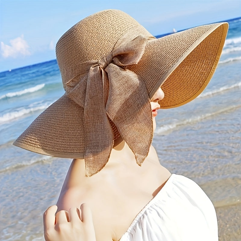 2pcs Women's Khaki Wave Beach Sun Hat & Woven Shoulder Bag Combo - Stylish Ruffled Brim Design, Lightweight & Breathable for Spring/Summer Beach Vacations and Outdoor Activities, Beach Accessories