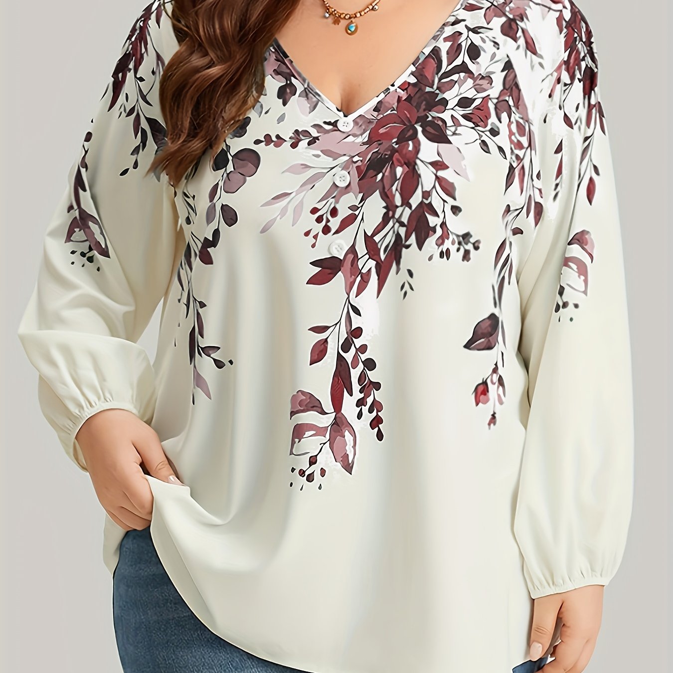Plus Size Floral Print Blouse, Casual V Neck Long Sleeve Blouse For Spring, Women's Plus Size Clothing