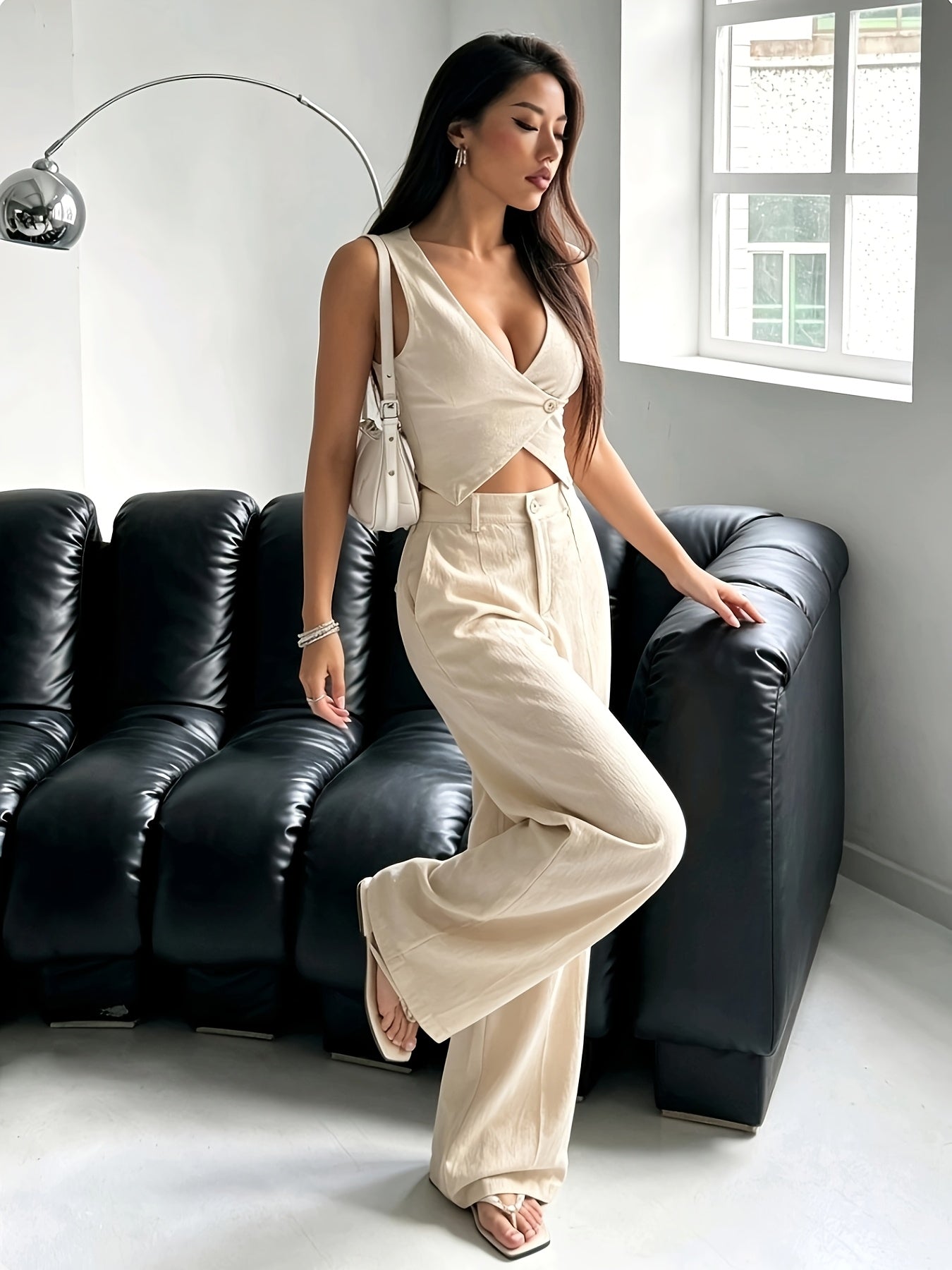 Women's Elegant Sleeveless V-Neck Cropped Vest & Pants Set
