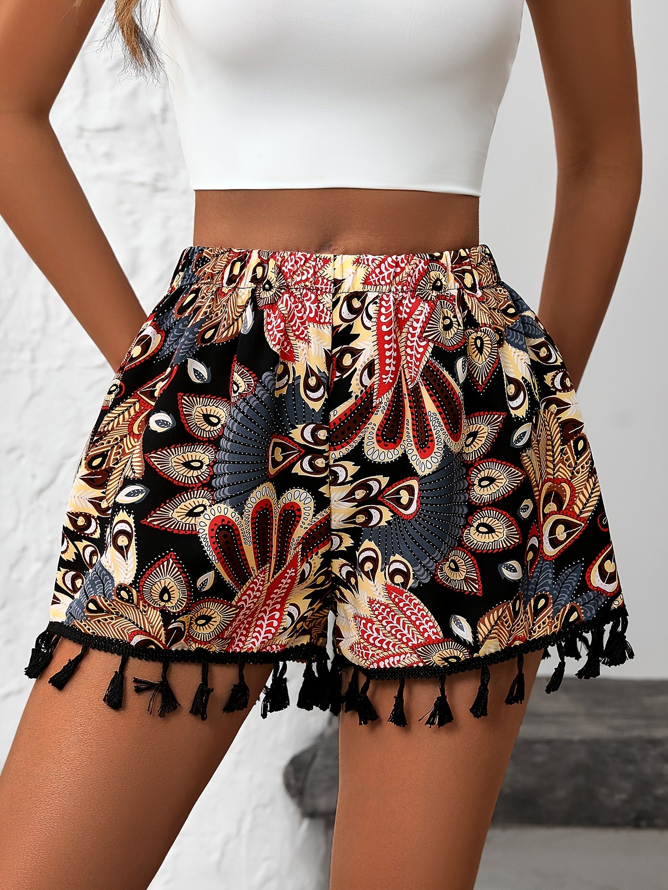 Print Women's Casual Shorts with Lace Trim - High Waist, Non-Stretch Polyester, Machine Washable