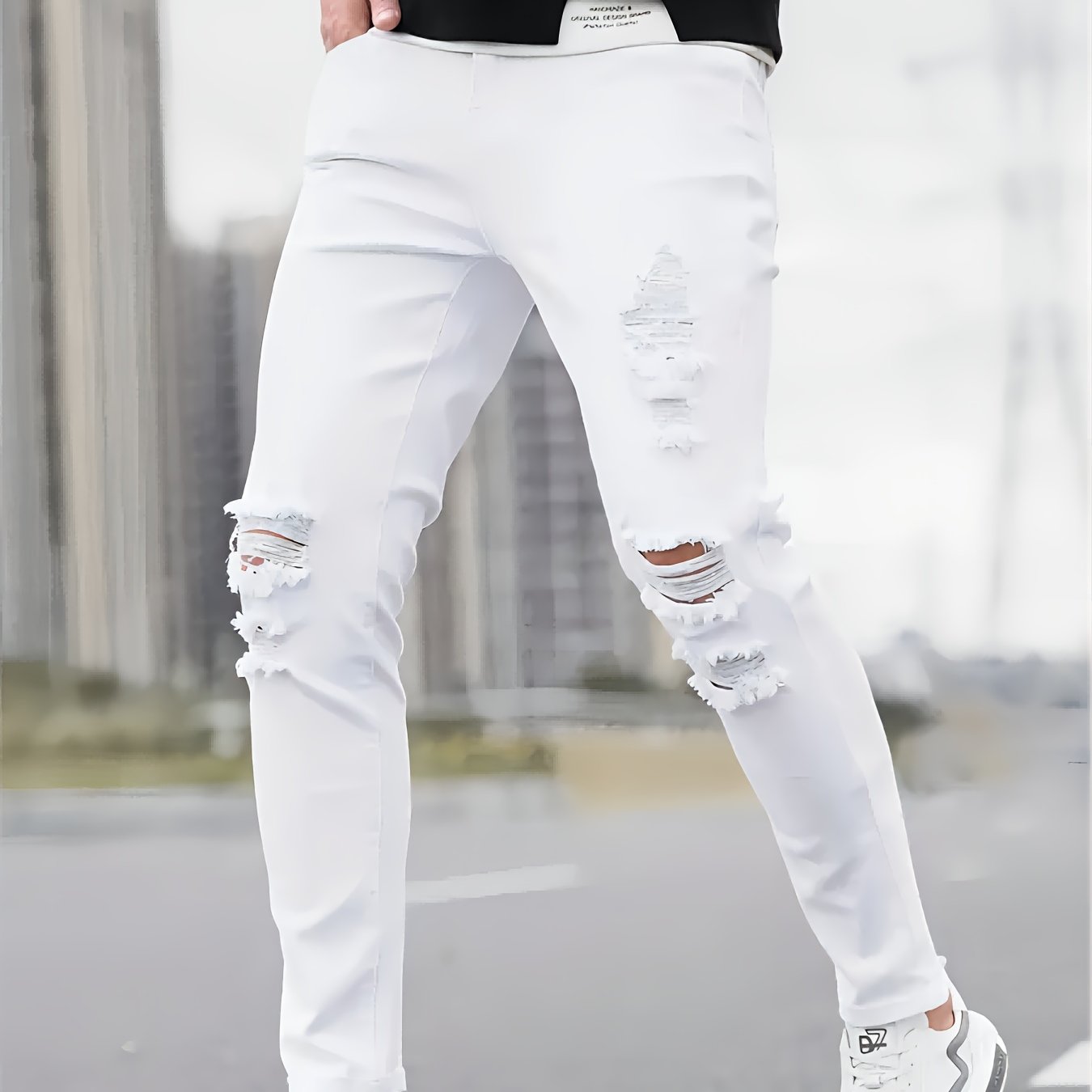 Men's Slim Fit Stretch Denim Jeans - Casual, Breathable & Machine Washable with Ripped Detail