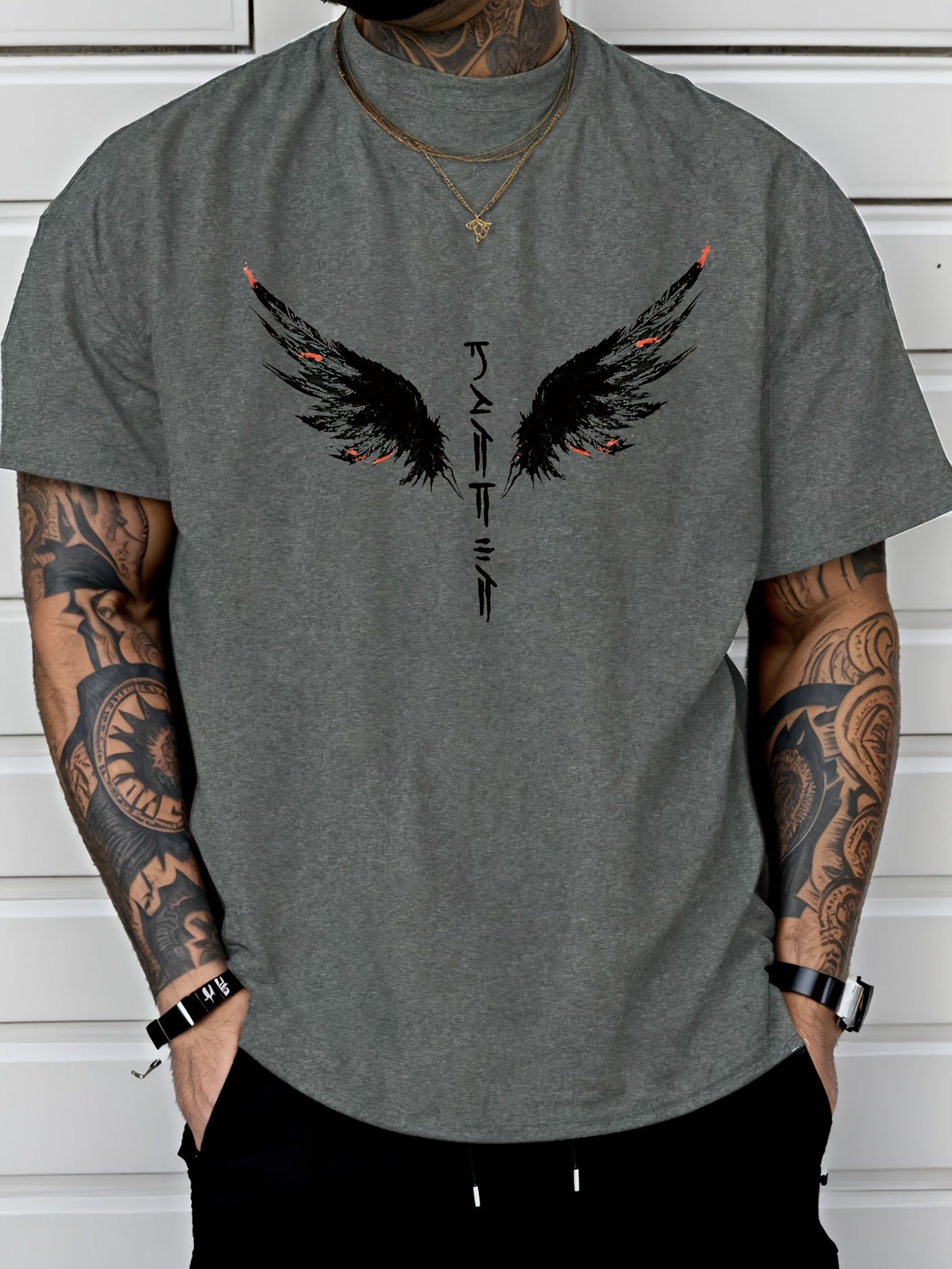 Wings Print Men's Creative Top, Casual Short Sleeve Crew Neck T-shirt, Men's Clothing For Summer Outdoor