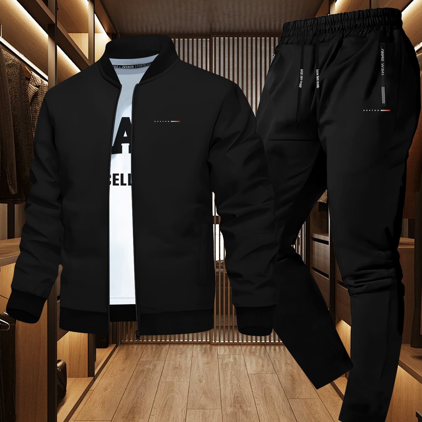 Men'S Trendy Boston Print Jacket and Sweatpants Set - Casual Sporty Outfit with Zipper Detail, Long Sleeves, and Elastic Waistband, Perfect for Fall/Winter