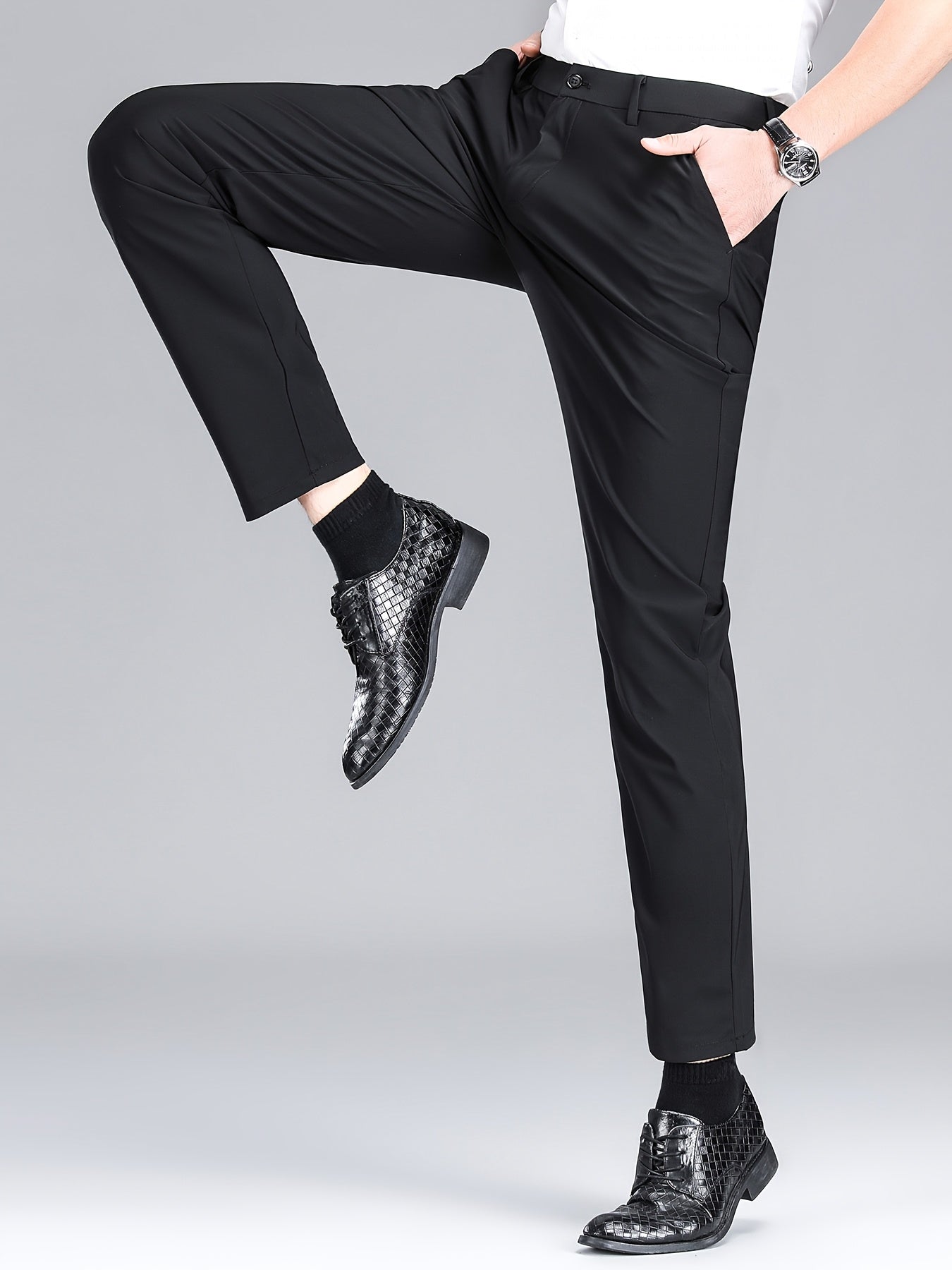 Men'S Navy Blue Straight Leg Dress Pants - Casual Style, Polyester Fabric with Slight Stretch, Mid Waist, Button Closure, No Belt, Regular Fit, Outdoor & Office Wear, Office Attire|Straight Leg Pants|Polyester Fabric