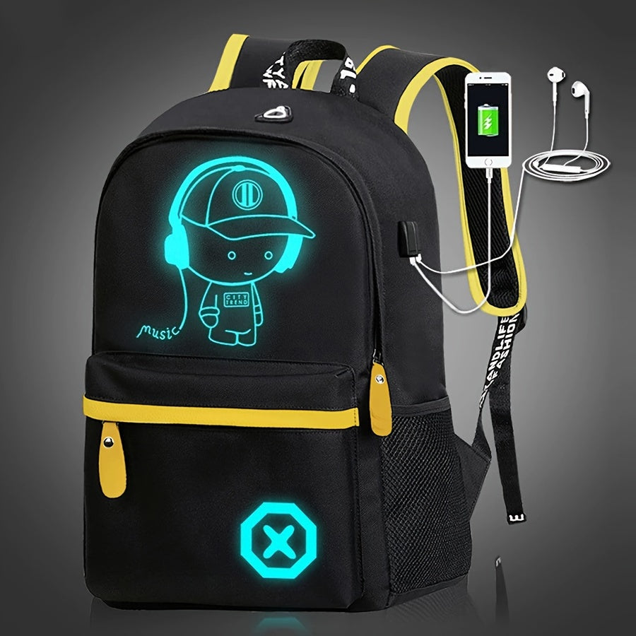 Glow-in-the-Dark Men's Backpack - Stylish & Lightweight, Large Capacity Oxford Fabric Daypack with USB Charging Port for Daily Commute, Campus, Cartoon, High School