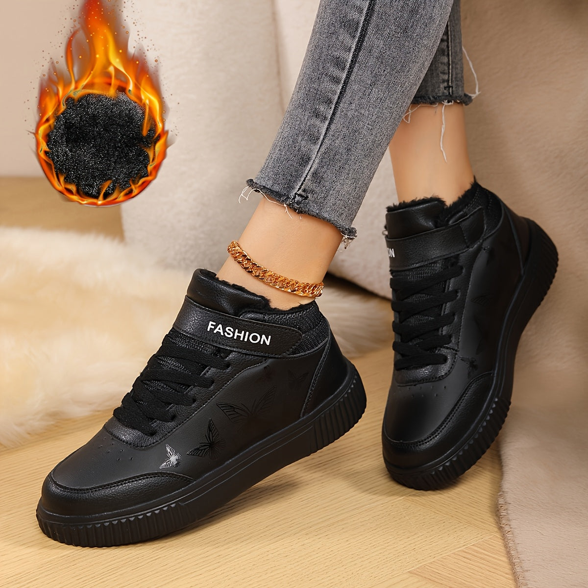 Women'S Butterfly Print Warm Sneakers - Lightweight, Comfortable, Thick-Soled Lace-Up Running Shoes for Work, School, and Stylish Outfits, Perfect for Students, Winter Footwear | Stylish Sneakers | EVA Sole Sneakers