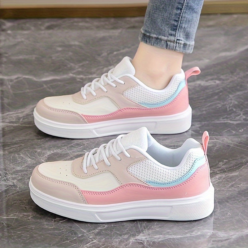 Stylish Women's Low-Top Sneakers - Lightweight Casual Shoes with Pastel Pink & Light Blue Accents, Synthetic Cover Upper, Breathable Mesh Lining, EVA Sole for Comfort, Perfect for Casual Attire & Travel
