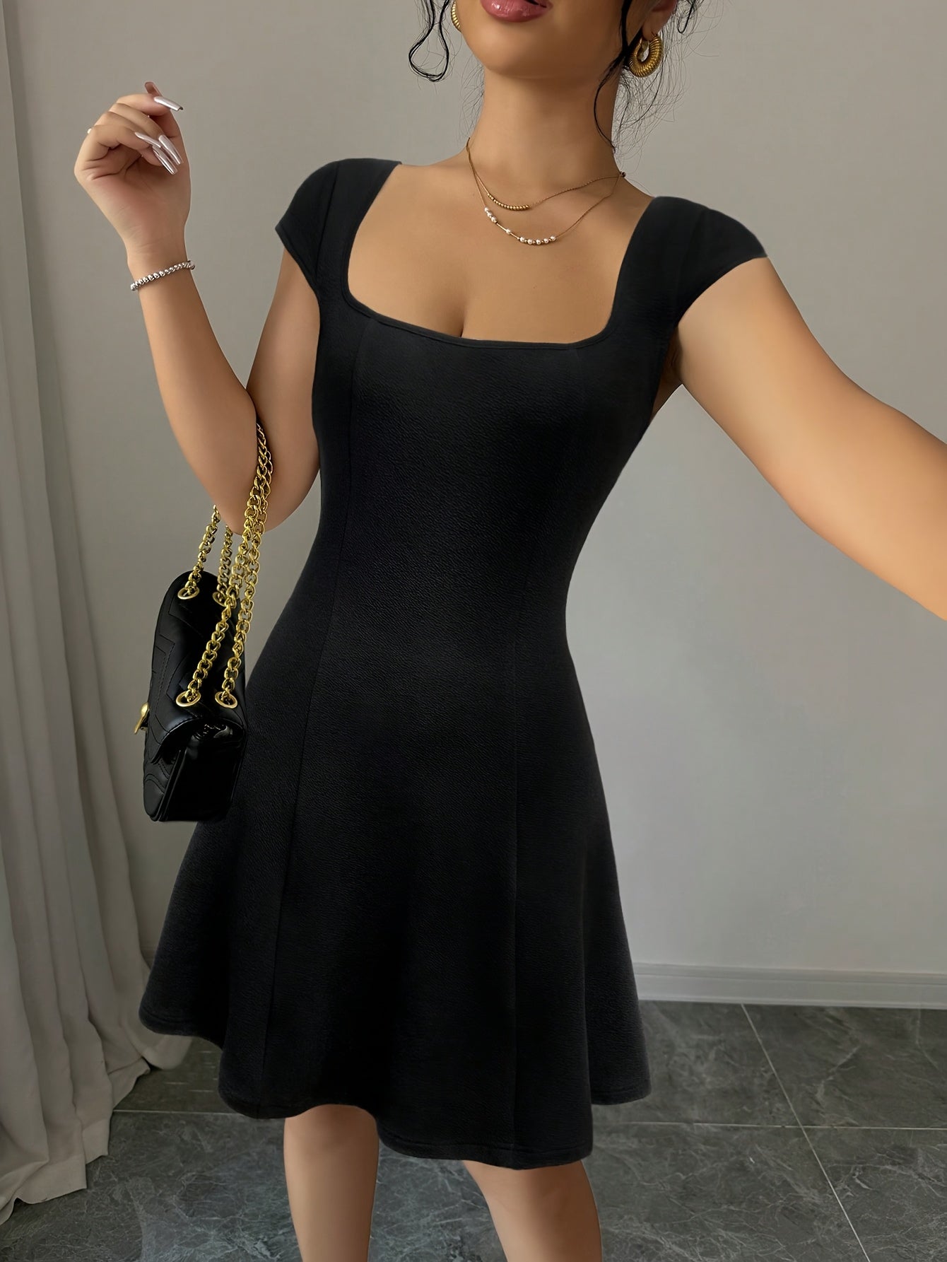 Elegant Square Neck A-Line Dress with Puff Sleeves - Stretchy, Solid Color, Chic Design for Everyday & Work Wear