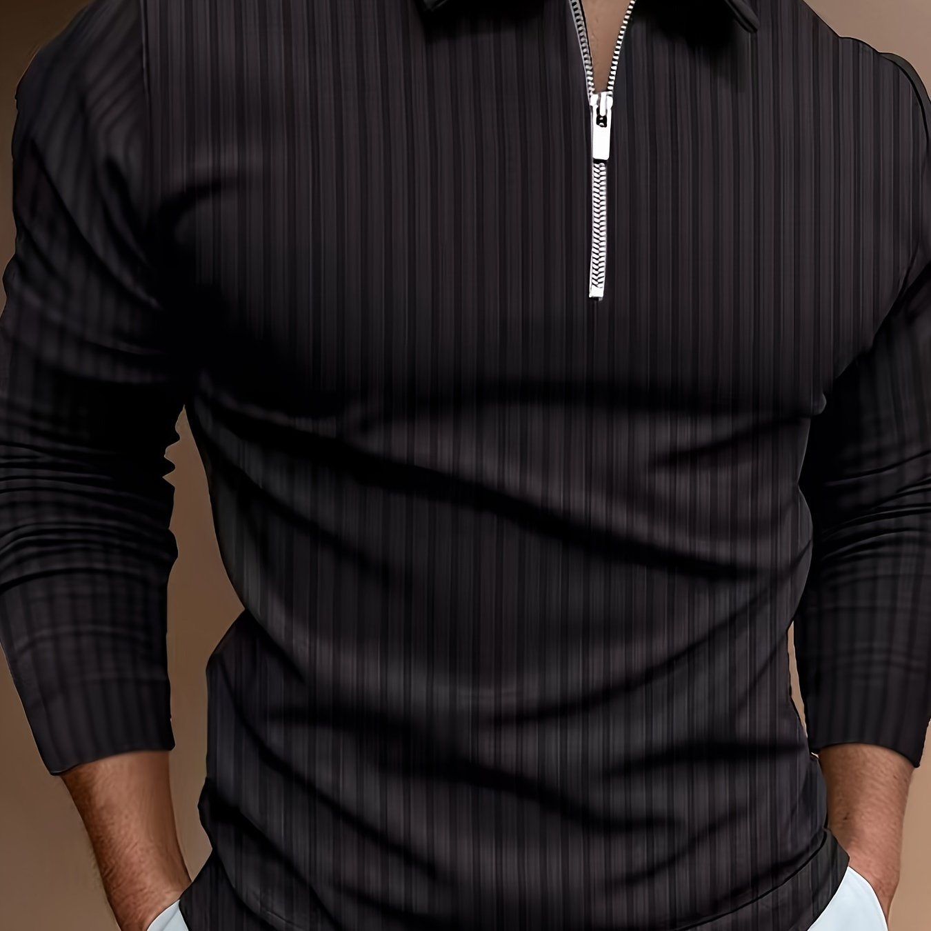 Men's Casual Sports Ribbed Long Sleeve Zipper Lapel Golf Shirt, Spring And Fall