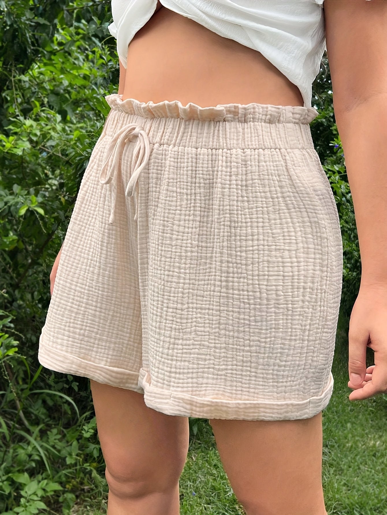 Կանացի Western Style Plus Size Ամառային միաձույլ երկշերտ պատահական բարձր գոտկատեղով փողկապ առջևի շորտեր