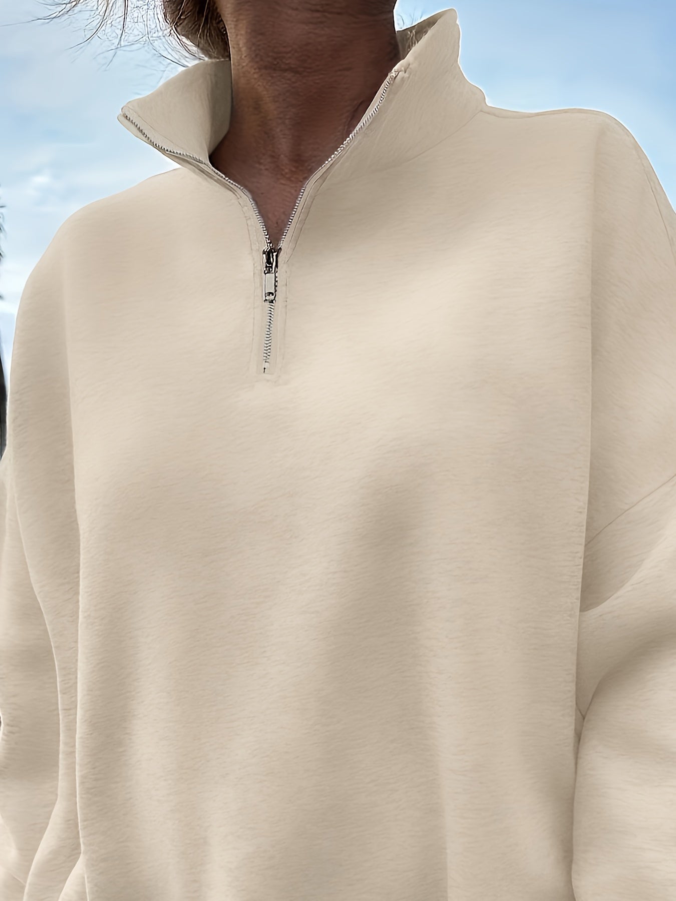 Women's Casual Heather Gray Half-Zip Sweatshirt - Soft Polyester & Elastane Blend, Long Sleeve, Stand Collar, Machine Washable - Perfect for Spring/Fall