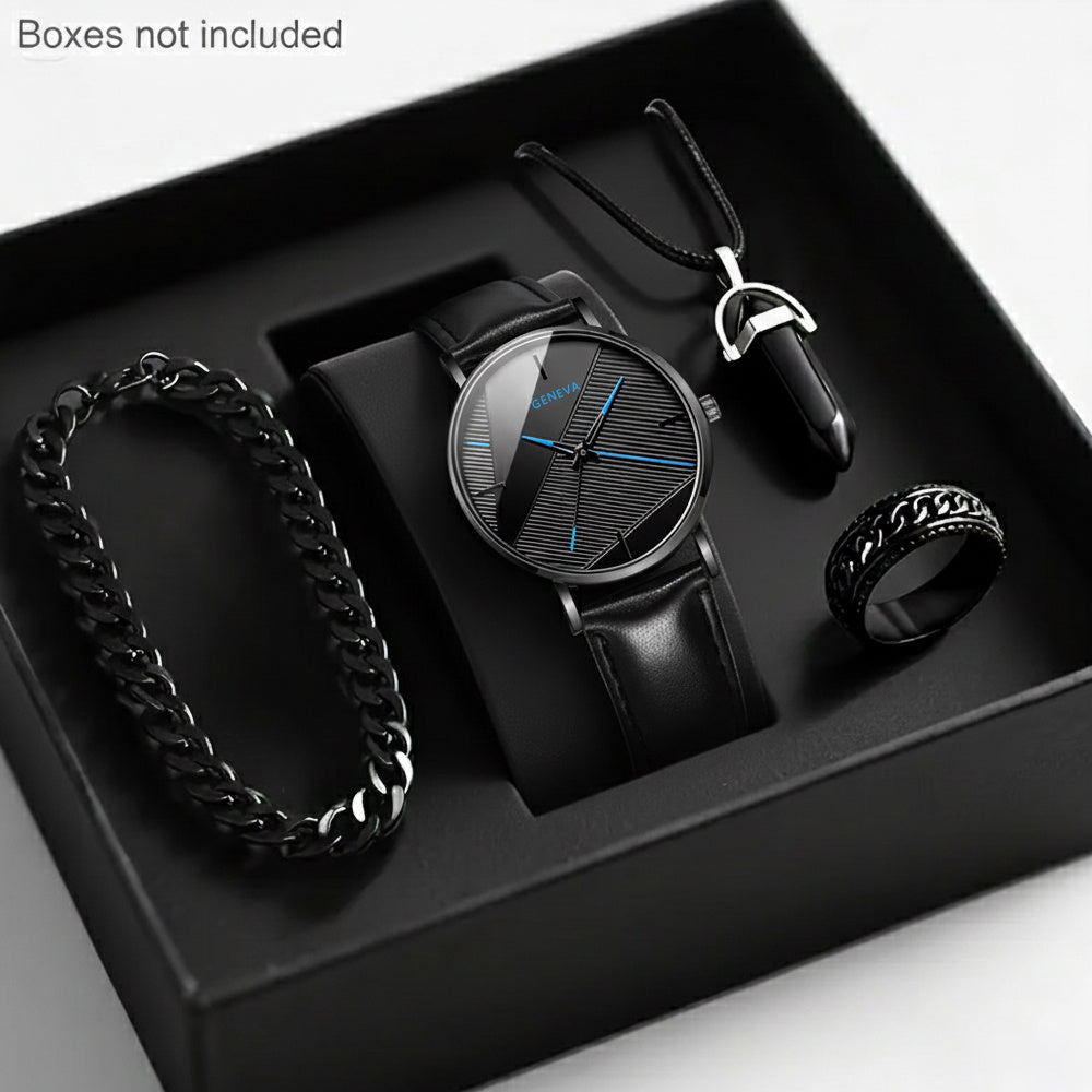 Men'S Luxury Quartz Wristwatch and Jewelry Set | Black Analog Watch with Dual Display, Includes Matching Bracelet, Necklace, and Ring - Ideal for Birthdays, Christmas, Ramadan