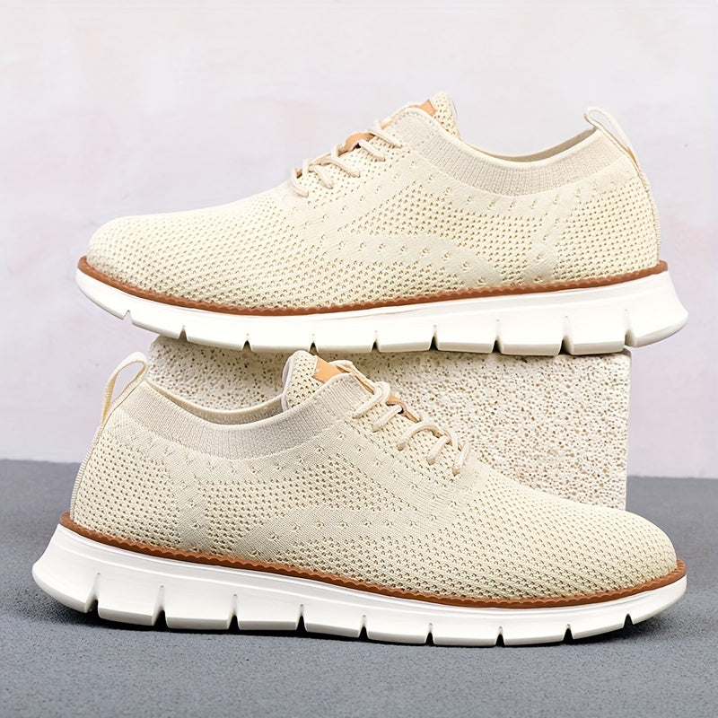 Men's Breathable Knit Business Casual Shoes - Beige with Brown Accents, Lace-Up, EVA Sole, Round Toe, Versatile for All Seasons, Dressy Shoes