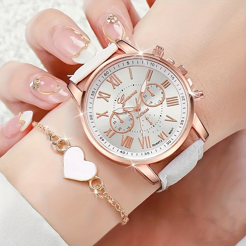 Chic 6pcs Quartz Watch Set with Faux Leather Straps & Heart Charm Bracelets - Perfect Gift for Valentine's, Easter, Birthdays & Christmas