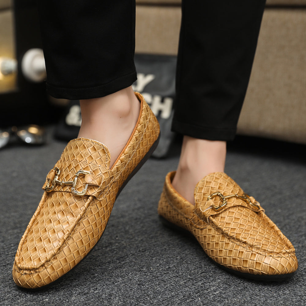 Men's Slip-On Loafers - Black Tan Casual Shoes with Golden-Tone Metal Accents, Round Toe Comfort, All-Season Versatile for Office Social Events, Casual Attire, Elegant Style, Premium Material, Modern Gentlemen