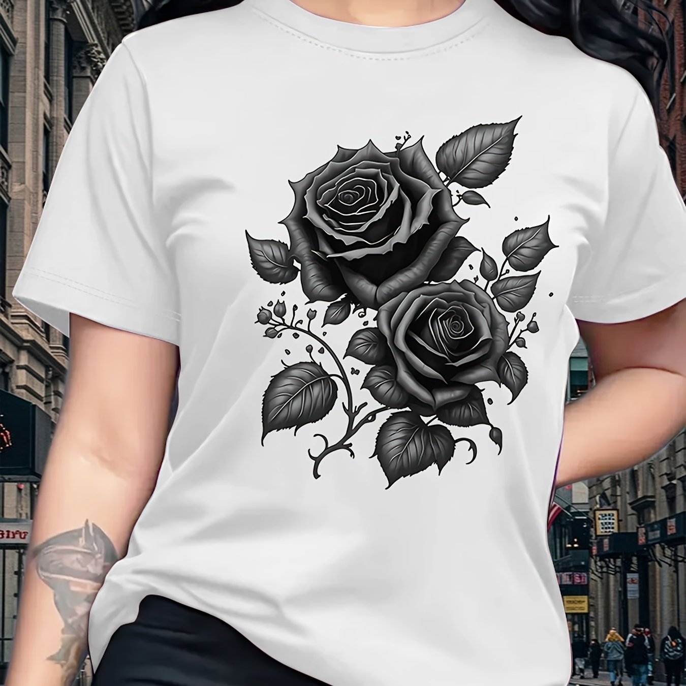 Women's Light Blue Yellow Rose Print T-Shirt - Short Sleeve Crew Neck Casual Top with Medium Stretch, Machine Washable & Breathable Fabric for All-Season Comfort, Relaxed Style, Graphic Tee, Stretchy Material, Printed Shirt,