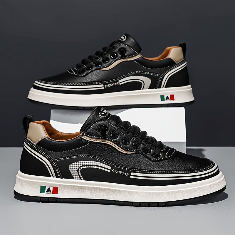 FC06 Men'S Casual Sneakers - Black White Low-Top Lace-Up Shoes with Italian Flag Design, Faux Cover Upper, Cushioned PVC Sole, Breathable Fabric Lining for All-Season Comfort, Everyday Footwear, Modern Sneakers, Fabric Line