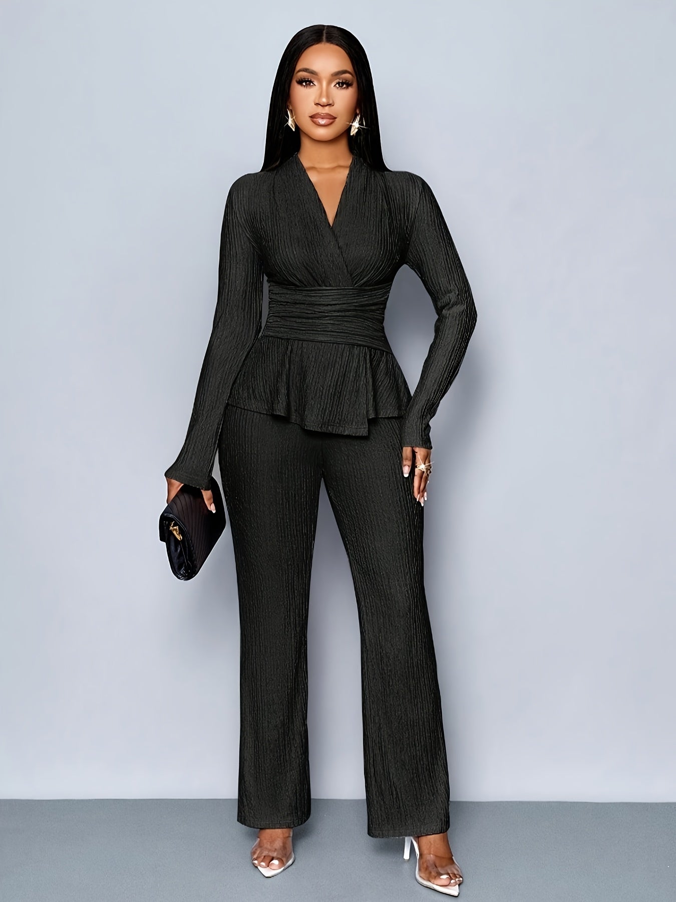 Elegant Women'S V-Neck Long Sleeve Top and Wide Leg Pants Two-Piece Set, Asymmetrical Hem Two-Piece Outfit for Casual Daily Wear, Winter Women'S Clothing