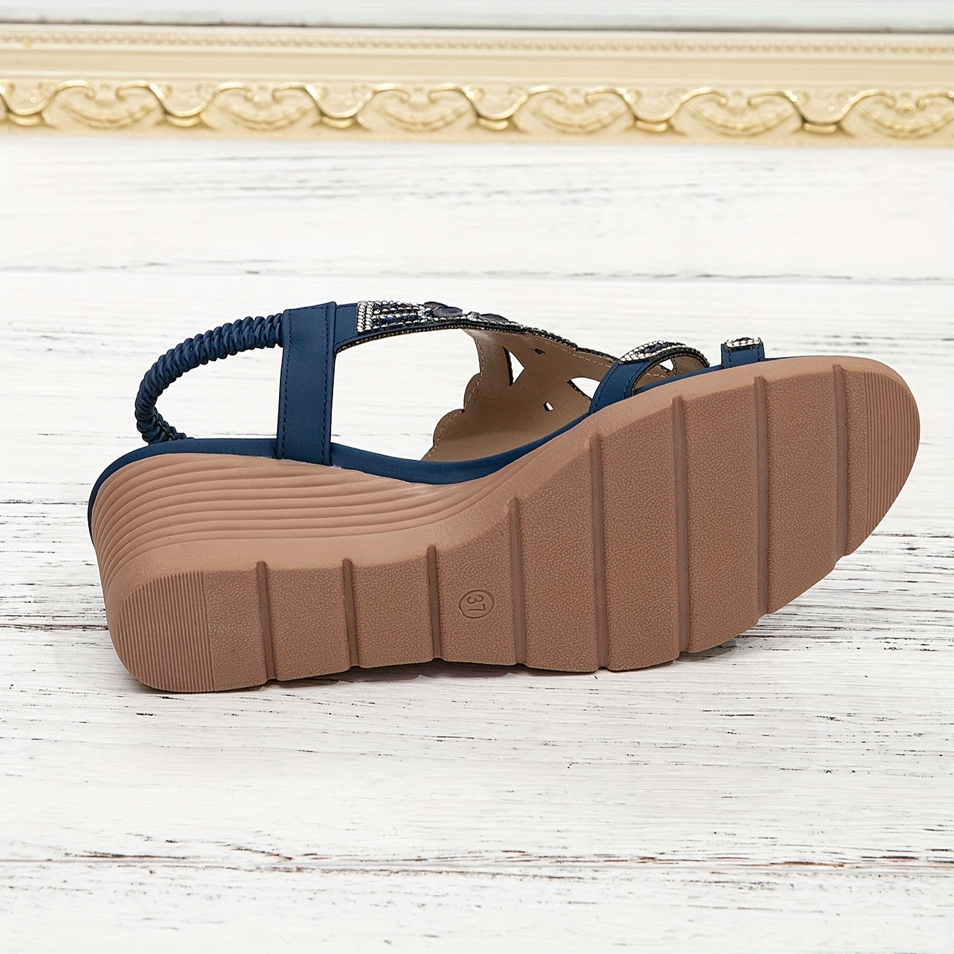 Vibrant Comfort Bohemian Style Women's Rhinestone Wedge Sandals, Open Toe Platform Heel with Elastic Strap, Summer Beach Music Festival Slip-On Shoes, Man-Made Upper/Inner/Insole, TPR Sole, Beach Sandals Toe Post Sandals