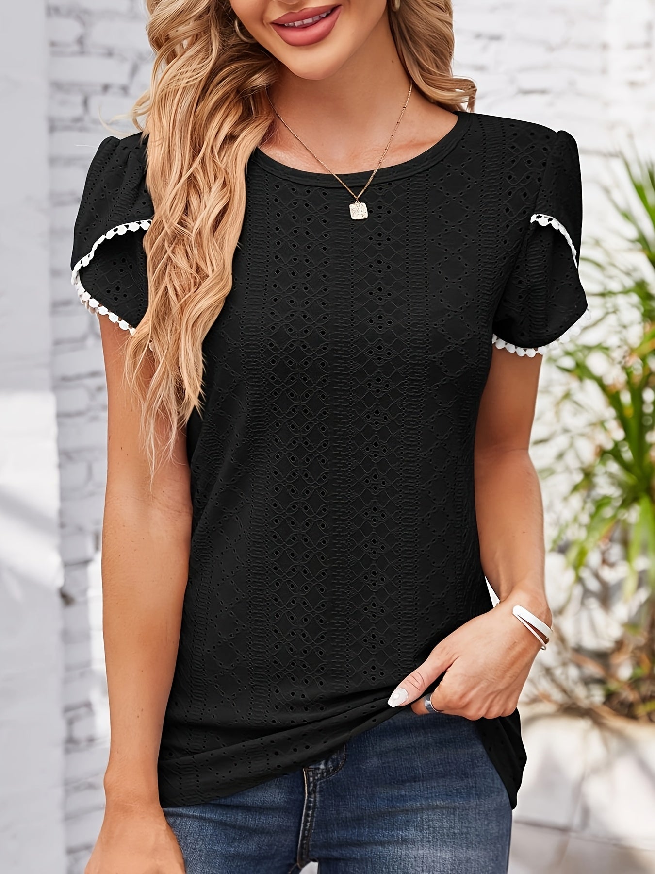 Women'S Elegant Blouse - Soft Pink Round Neck T-Shirt with Floral-like eyelet details, Breathable Loose Fit Top for Casual & Formal Outfits - Everyday Summer Shirt for Women, Ladies T Shirts, Versatile Clothing, Feminine Styl