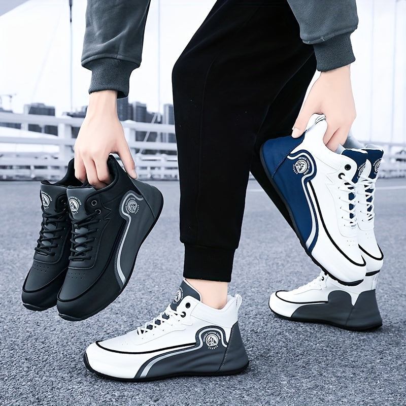Men'S Lightweight Breathable Running Shoes - Classic Low-Top Design with Thick Cushioned Sole, White Navy Blue Striped Graphic Pattern, Lace-Up Closure for Hiking, Casual Outdoor Wear - Spring/Fall Fashion Sneakers, Hik