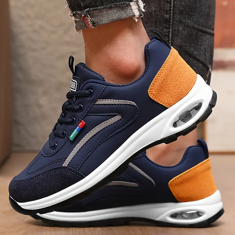 Men's Casual Athletic Sneakers - Low-Top Lace-Up Design, White & Blue Upper with Black Accents, Comfortable Fabric Inner Lining, Durable EVA Sole, PU Material, Perfect for Casual Attire, Casual Sneakers | Lowtop Sneakers | Br