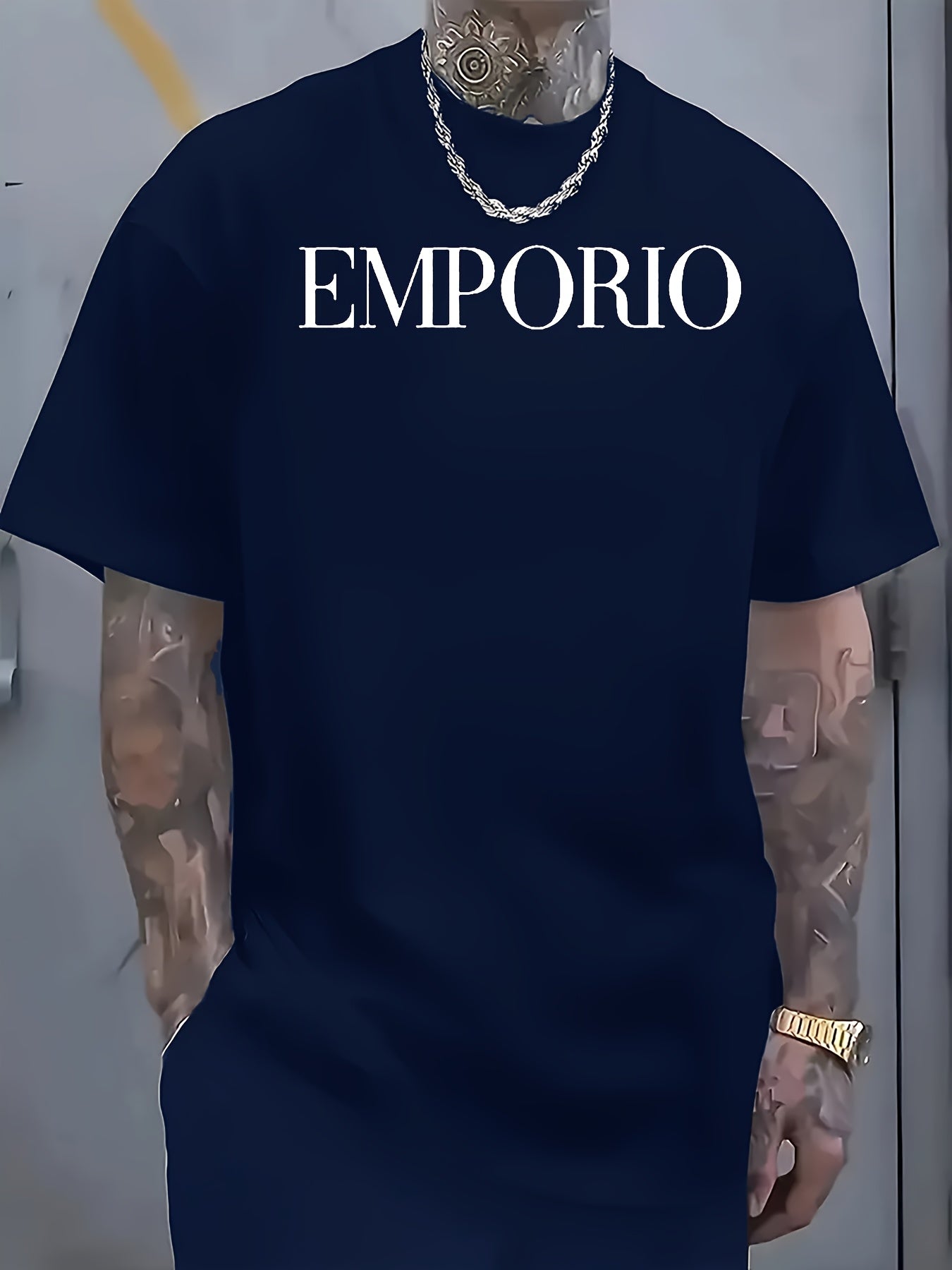 2025 New Men'S Casual Short Sleeve T-Shirt - "EMPRIO" Print, Black with White Lettering, Lightweight Breathable Fabric, Perfect for Summer Beach Outings Outdoor Adventures, Beach T Shirt