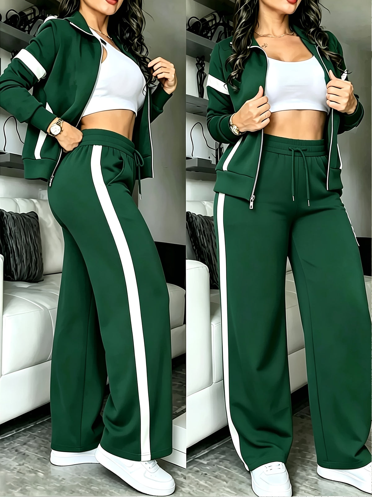 Women's Color-Block Casual Zipper Jacket & Wide-Leg Pants Set