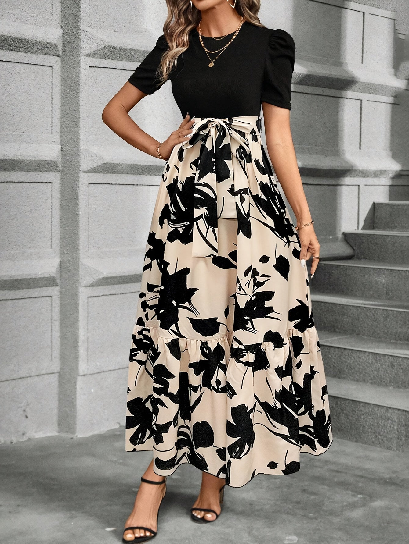 Print Midi Dress with Belt - Crew Neck, Short Sleeve, Non-Stretch Polyester - Machine Washable - Perfect for All Seasons