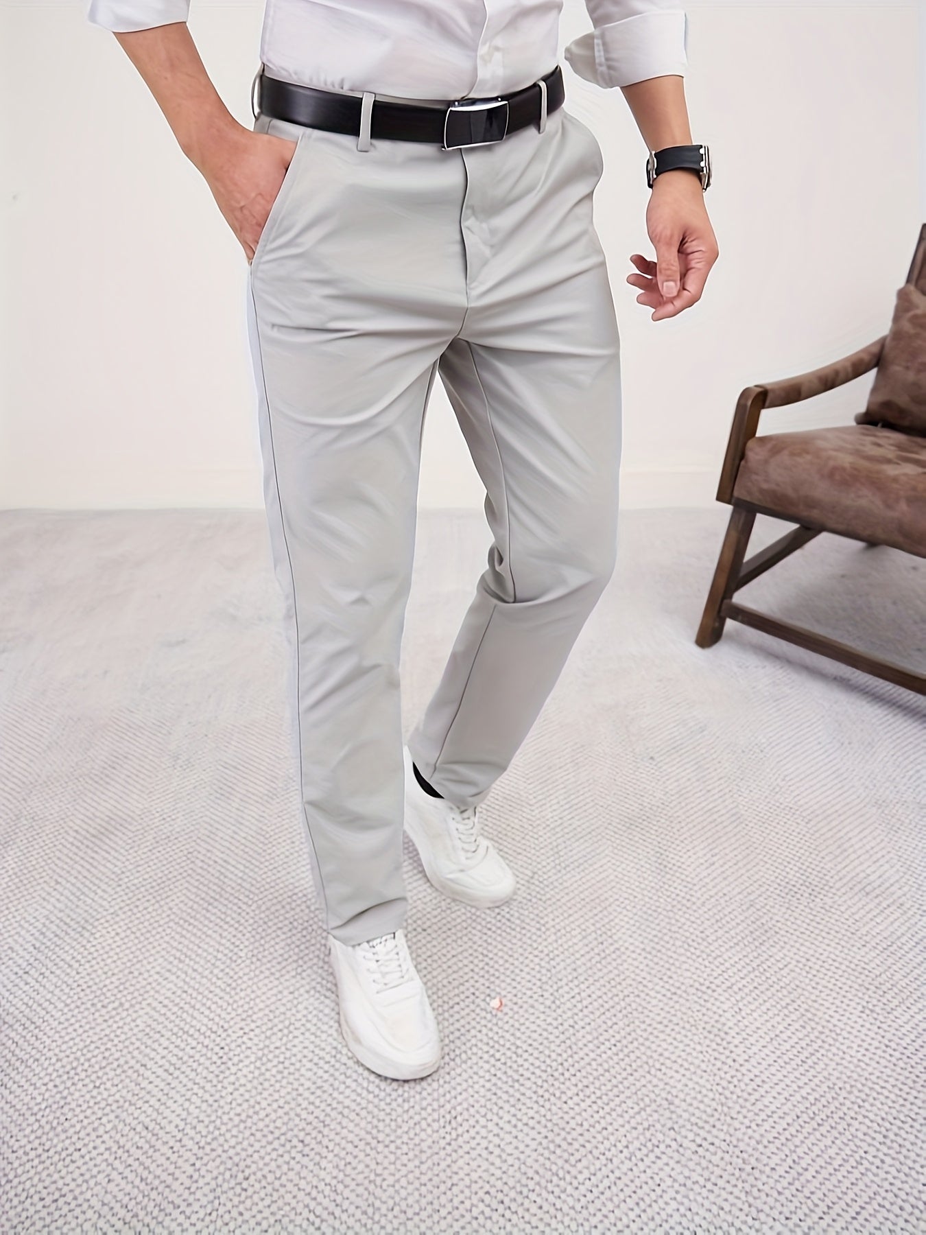 Men'S Casual Solid Color Regular Length Slight Stretch Woven Fabric Pants for Adult