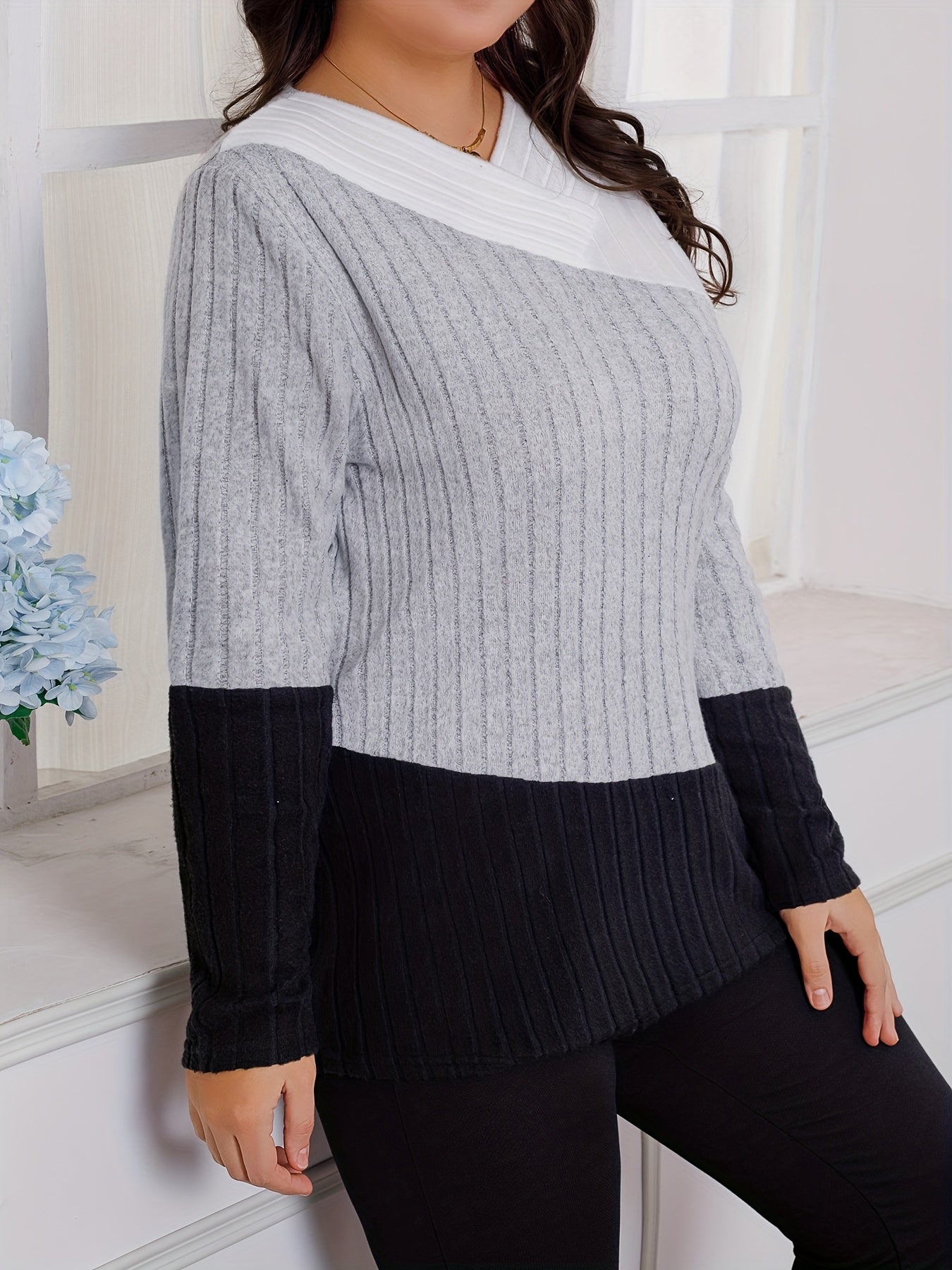 Elegant Color Block V-Neck սվիտեր կանանց համար - Ձգվող պոլիեսթեր, մեքենայով լվացվող, կատարյալ գարնան և աշնան համար