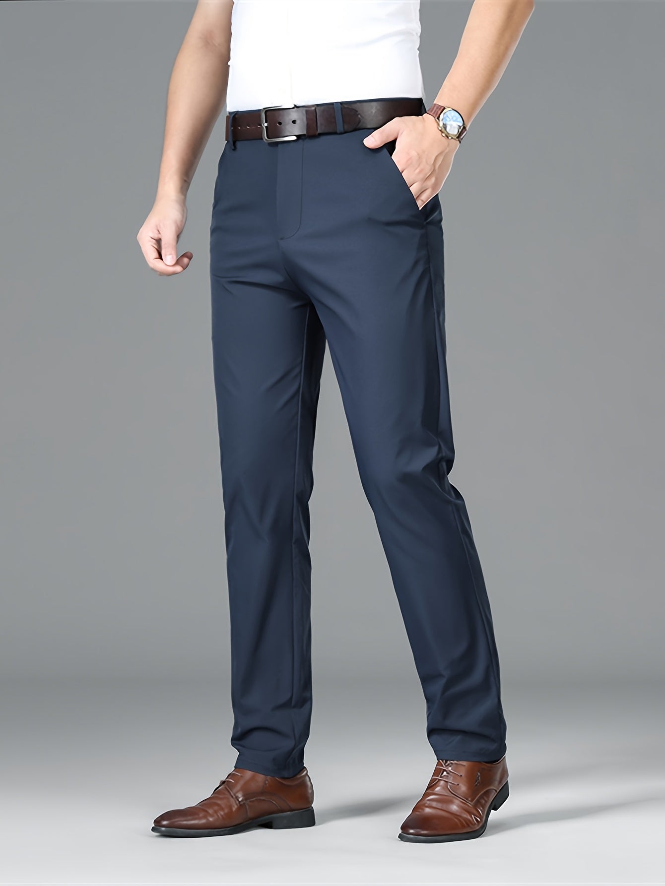 Men's Lightweight Summer Casual Pants, Slim Straight Fit, Polyester, Mid-Rise, Built-in Zipper, Regular Length - Ideal for Casual Attire