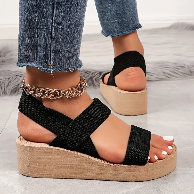 Women'S Summer Wedge Sandals, Comfortable Fabric Upper, Slip-On Round Toe Platform Heel, Casual Beach Shoes with Rubber Sole and Insole