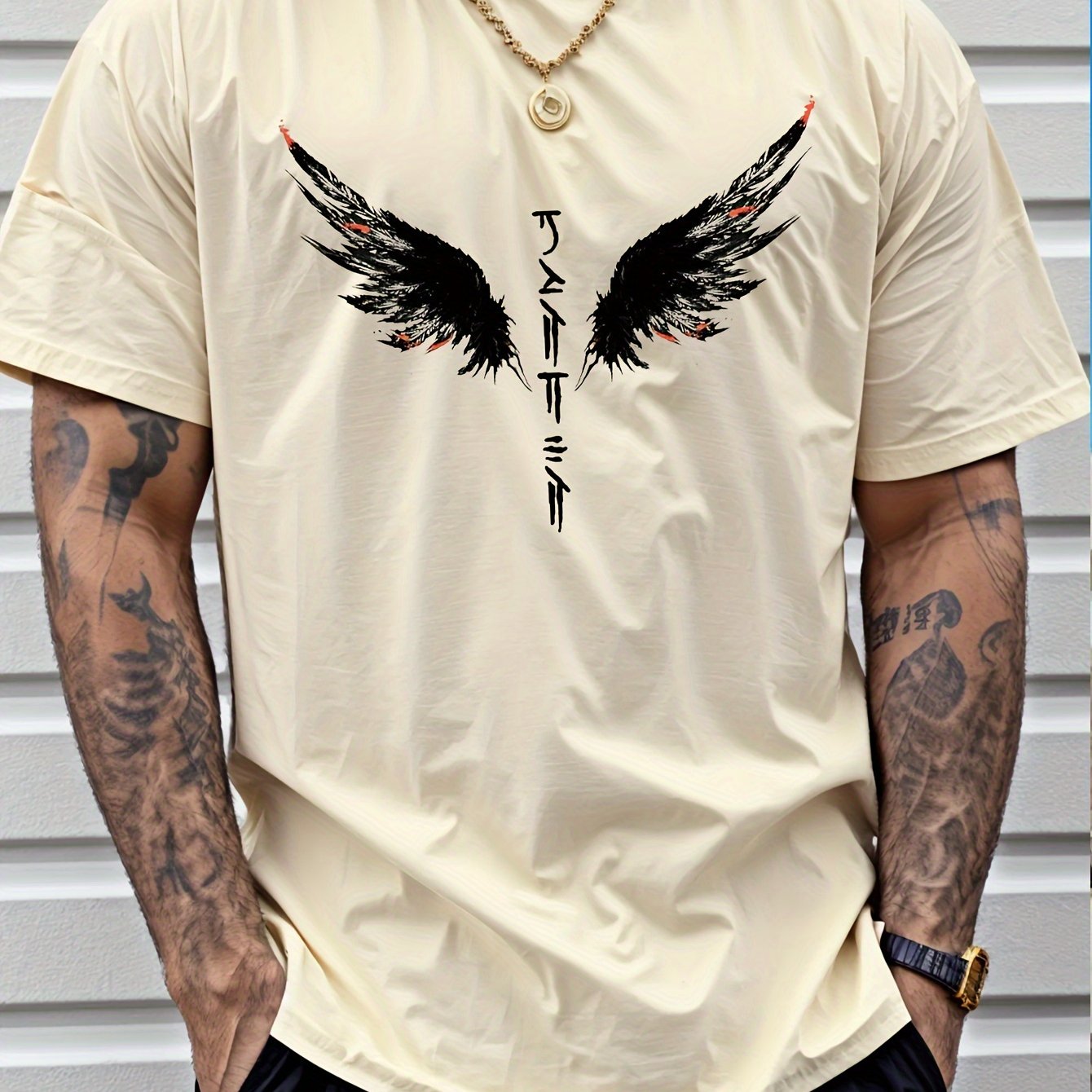 Wings Print Men's Creative Top, Casual Short Sleeve Crew Neck T-shirt, Men's Clothing For Summer Outdoor