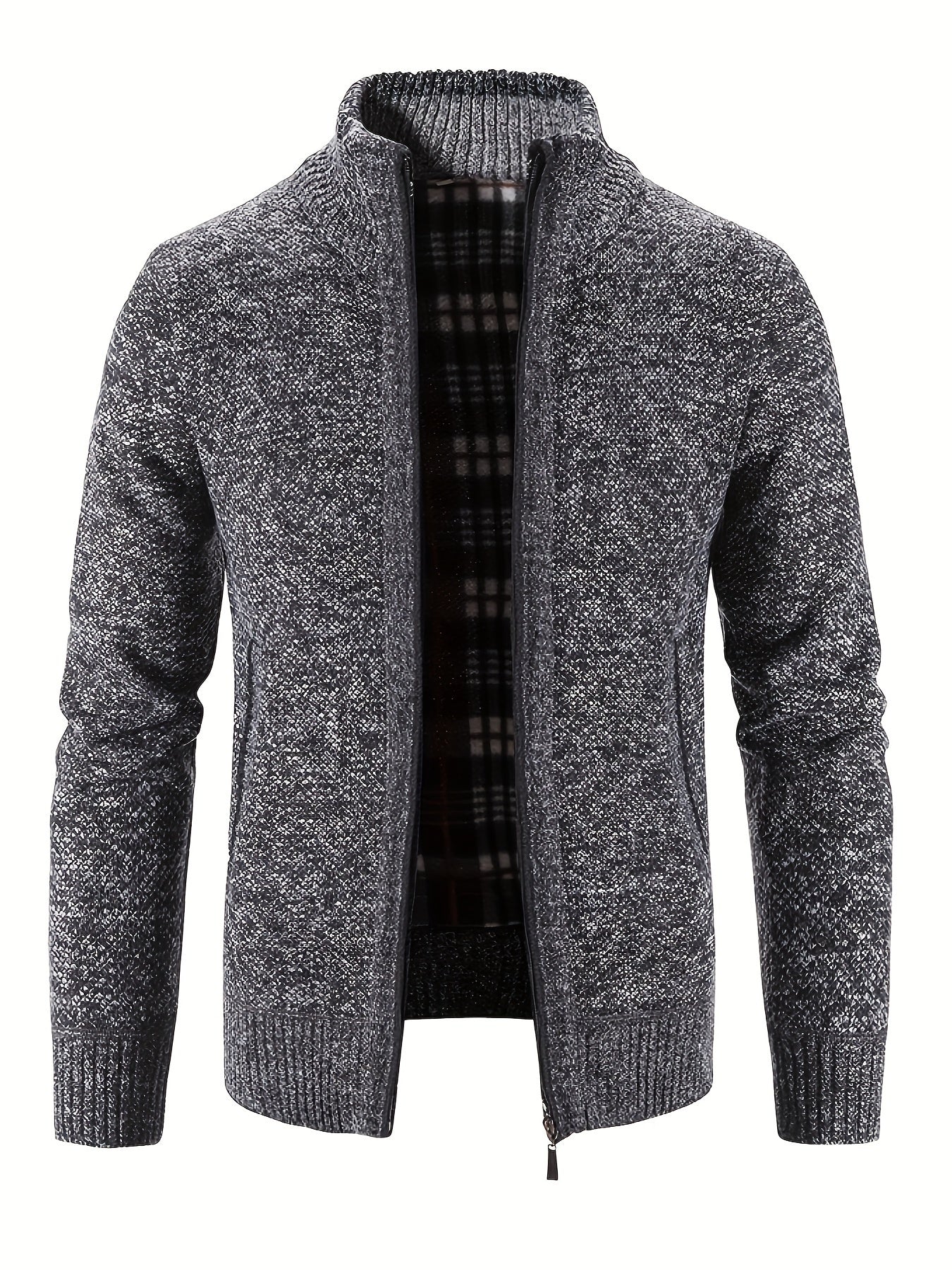 Men's Solid Fleece Knitted Cardigan With Pockets, Casual Long Sleeve Turtle Neck Zip Up Warm Sweater For Winter Fall Outdoor Activities