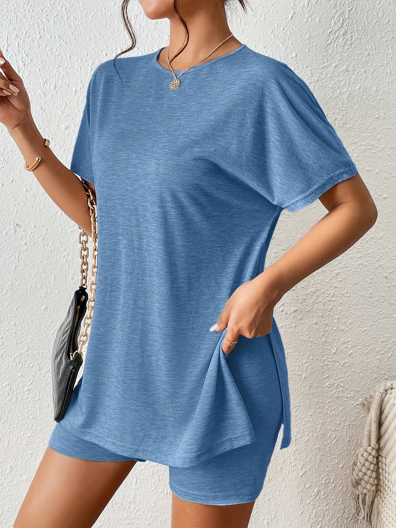 Casual Solid Color Comfortable Two-Piece Set, Bat Sleeve Round Neck Slit T-Shirt and Tight Shorts, Women's Clothing