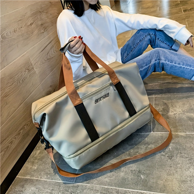 Large Capacity Travel Bag, Casual Outdoor Hiking Tote Bag, Nylon, Mixed Color, Random Printing, No Edge Paint, with Separation of Wet and Dry, for Women, Fitness, Yoga, Weekend Overnight