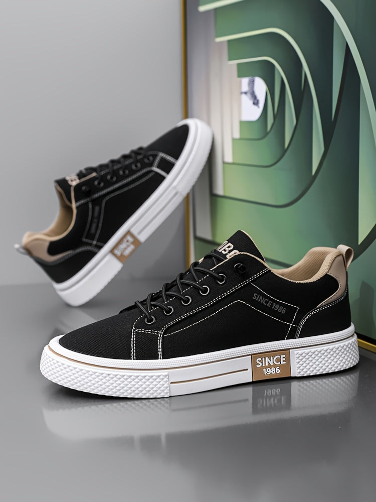 Men's Casual Low-Top Sneakers - Breathable Fabric Durable PVC Sole, Black Beige Contrast Design, Lace-Up Round Toe for All-Season Comfort, Versatile for Casual Semi-Formal Wear, Comfortable Footwear, Fabric Upper