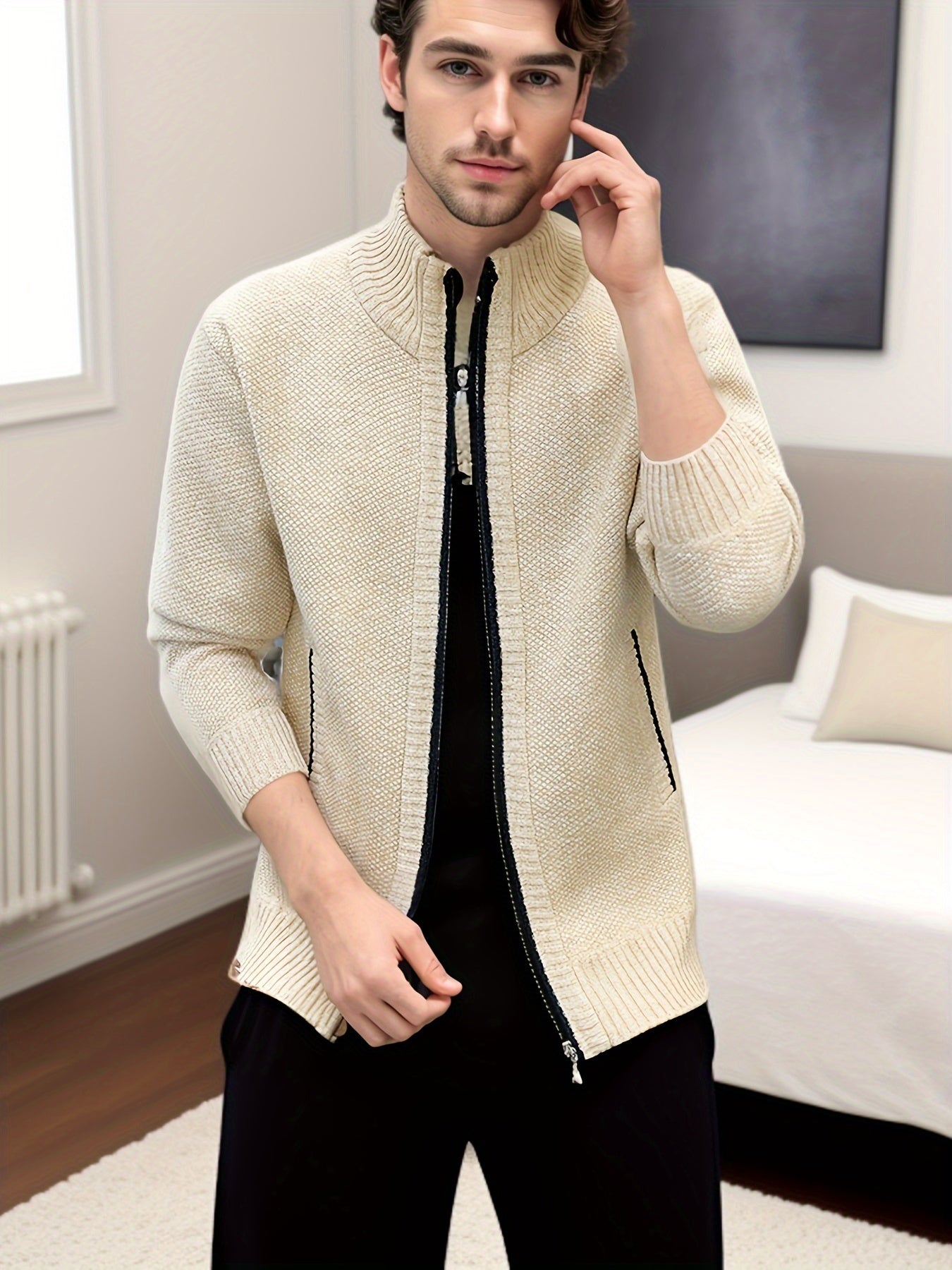 Men's Solid Fleece Knitted Cardigan With Pockets, Casual Long Sleeve Turtle Neck Zip Up Warm Sweater For Winter Fall Outdoor Activities