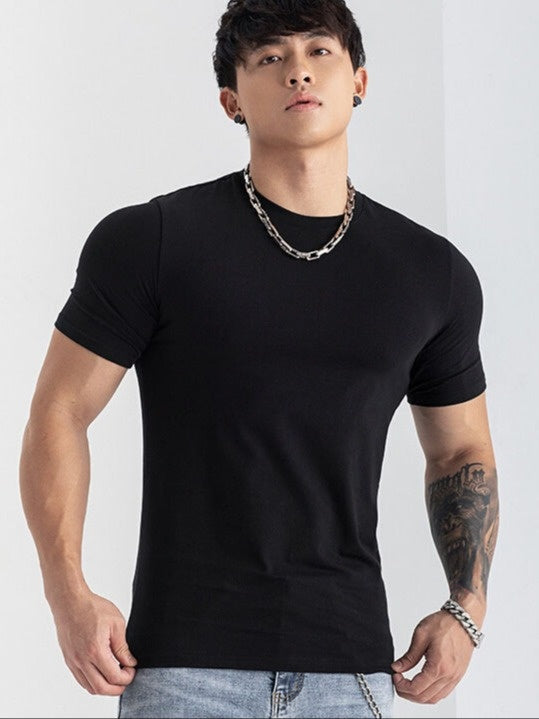 Men's Summer Athletic T-Shirt - Moisture-Wicking Stretch Fabric Slim Fit Round Neck Short Sleeve Tee for Gym, Running, Training - Solid Color Black, Gym Apparel Machine Washable Top, Gym Shirts
