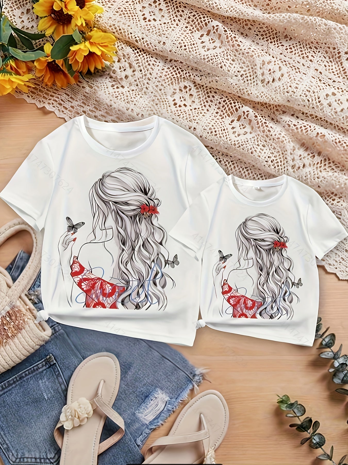 Women'S Casual Summer T-Shirt with Vibrant Floral Print, Short Sleeve Round Neck Tee, Lightweight Polyester Fabric, Black Pants & Accessories, Butterfly Design, Butterfly Shirt